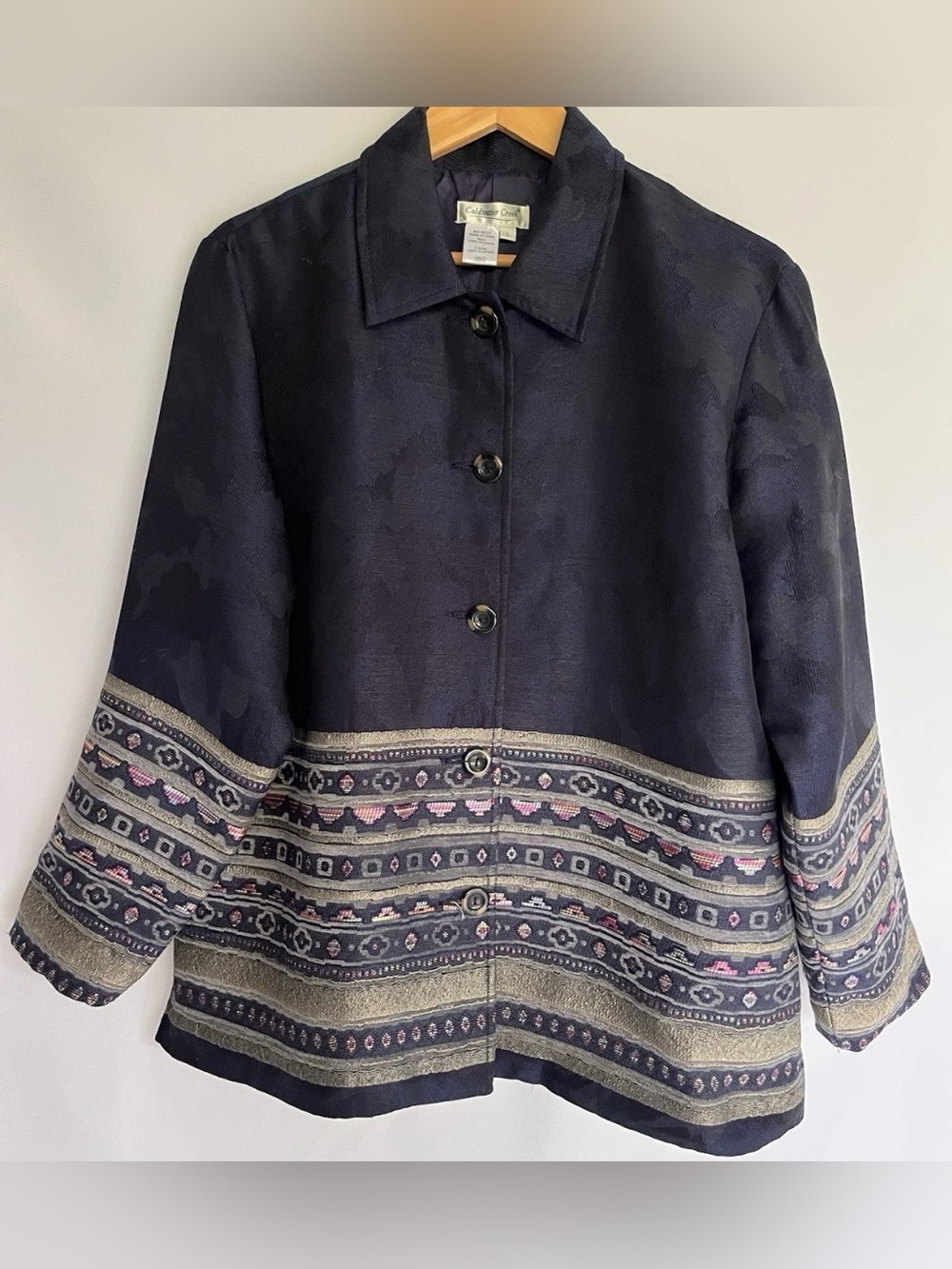 Coldwater Creek Women’s Navy Aztec Geometric Tapestry Chore Style Coat Jacket L